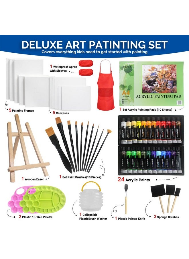 Colorful - Acrylic Painting Kit 64 Piece Kids Painting Set With Walnut Easel 24 Colors Acrylic Paint Canvas Palette Brushes Apron And Sleeve Set Art Painting Supplies Kit Perfect For Kids - Image 1