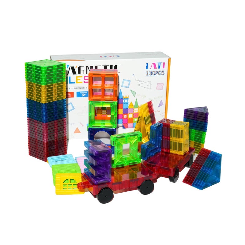 LATI 130 pcs Magnetic Tiles, Magnet Building Blocks for Kids STEM Construction Set Clear Imagination Inspirational Educational Toddler Boys Girls Kids Toys for 3 4 5 6 7 8 Years with 2 Cars - Image 1