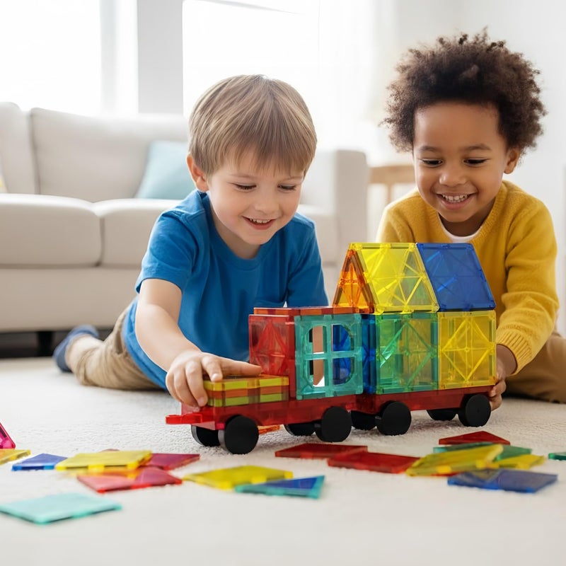 LATI 130 pcs Magnetic Tiles, Magnet Building Blocks for Kids STEM Construction Set Clear Imagination Inspirational Educational Toddler Boys Girls Kids Toys for 3 4 5 6 7 8 Years with 2 Cars - Image 3