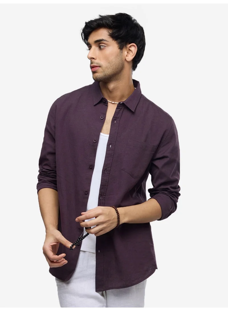The Souled Store The Souled Store Men Berry Solid Regular Fit Cotton Linen Shirts