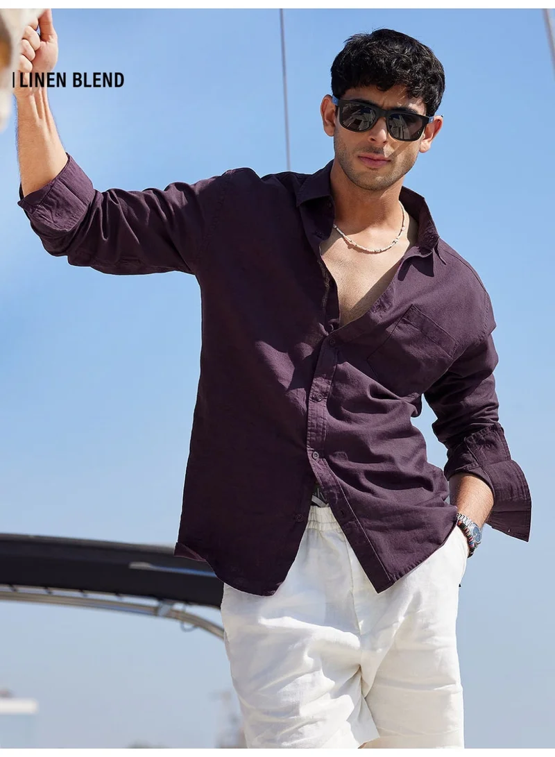 The Souled Store The Souled Store Men Berry Solid Regular Fit Cotton Linen Shirts