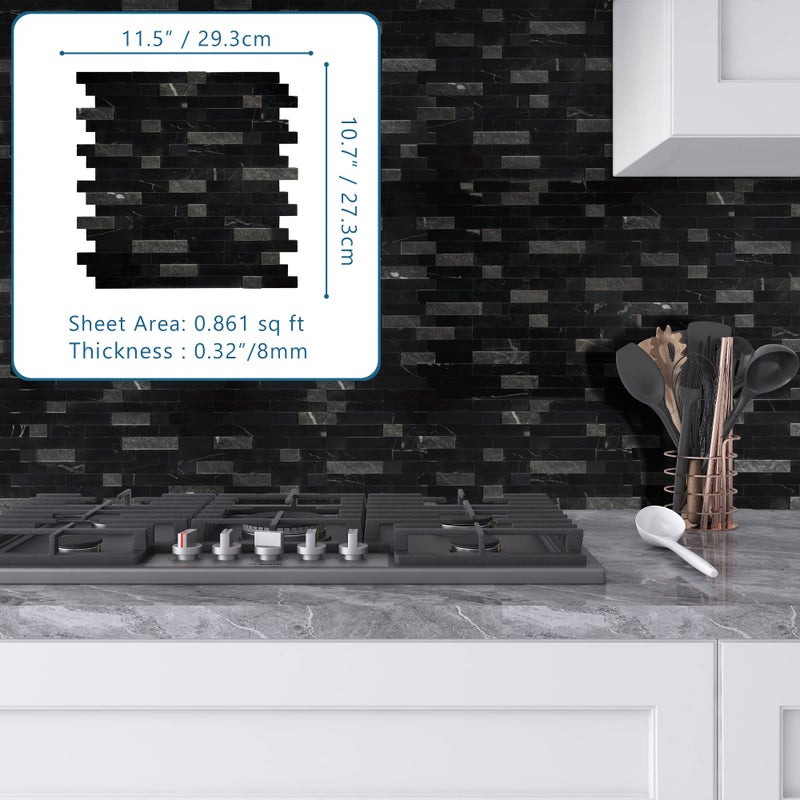 SUNWINGS 5-Sheet Peel and Stick Mosaic Natural 3D Stone Self Adhesive Marble Tiles, 11.5" x 10.7" Stick on Backsplash for Kitchen Bathroom Fireplace Vanity, Mixed Black - Image 2