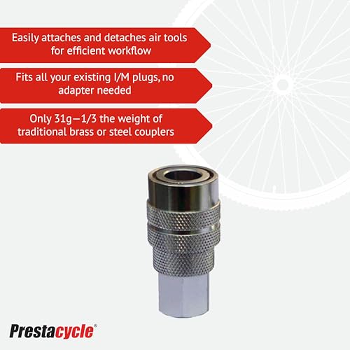 Prestacycle 1/4" I/M Alloy Quick Coupler Kit, Lightweight Durable CNC Machined Aluminum Air Hose Connector with Stainless Steel Bearings, Includes Coupler and Plugs - Image 3
