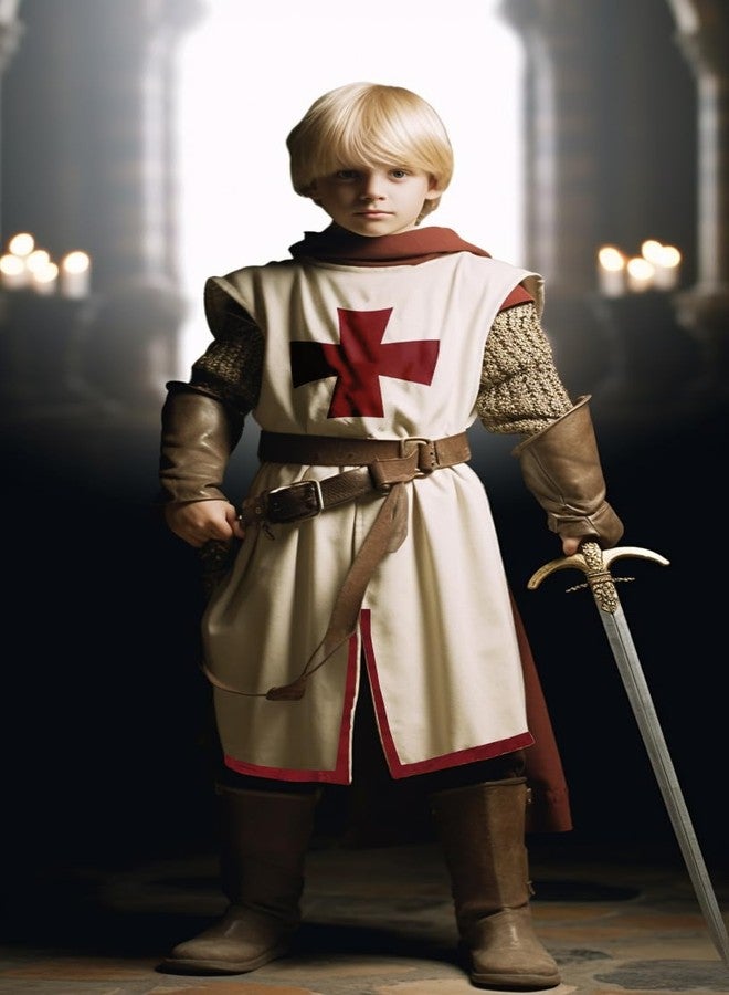 VZQI Kids Crusader Costume White Medieval Knight Tunic Boys Outfit Renaissance Roman Warrior Sleeveless Costume Halloween with Belts M - Image 3