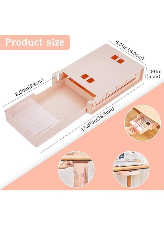 Storage Box Organizer, Hidden Drawer Pencil Slide Out, Adhesive Strong Load-Bearing Hidden Solution, Under Desk with Slide-Out Drawer Self for Pens Papers More Large Capacity (1Pack, Pink)