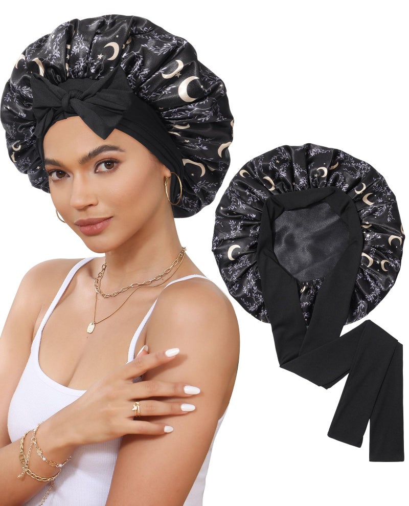CHLINS Satin Bonnet Silk Bonnet for Sleeping Silk Sleep Cap Double Layer Hair Bonnet with Elastic Tie Band for Curly Hair Night Cap - Image 1