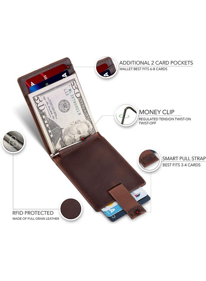 Contacts Genuine Leather Money Clip Wallet Slim Front Pocket RFID Blocking Card Holder Minimalist Mini Bifold for Men's with Smart Pull Strap 8 Card Slots Photo ID (Brown)… - Image 3