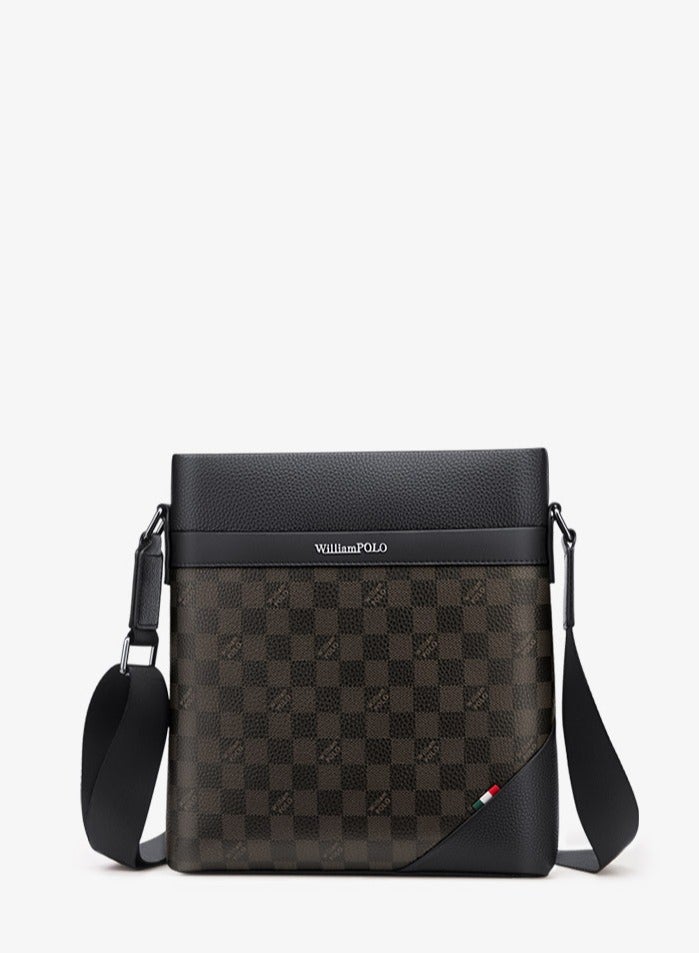 William Polo Head layer Leather Men's Business Leisure Bag Fashion Trend Shoulder Bag Checkered Small Crossbody Bag - Image 2