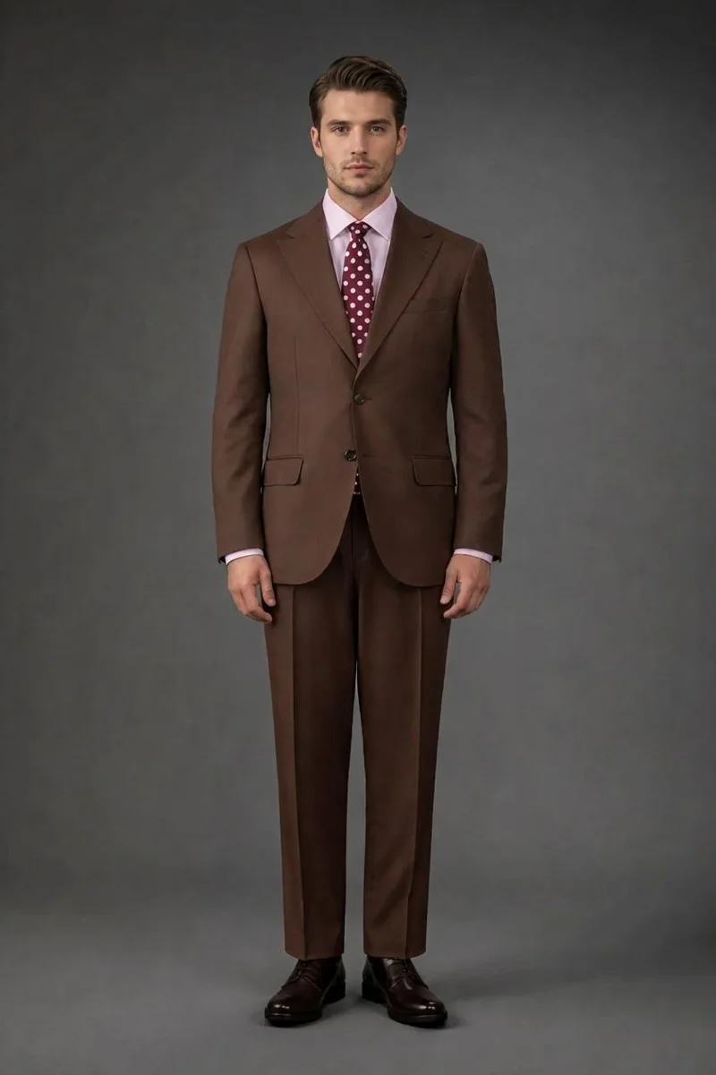 دوبل غانغر Single-breasted men's suit with classic single-pleat trousers, in pure combed wool with herringbone weave - Brown