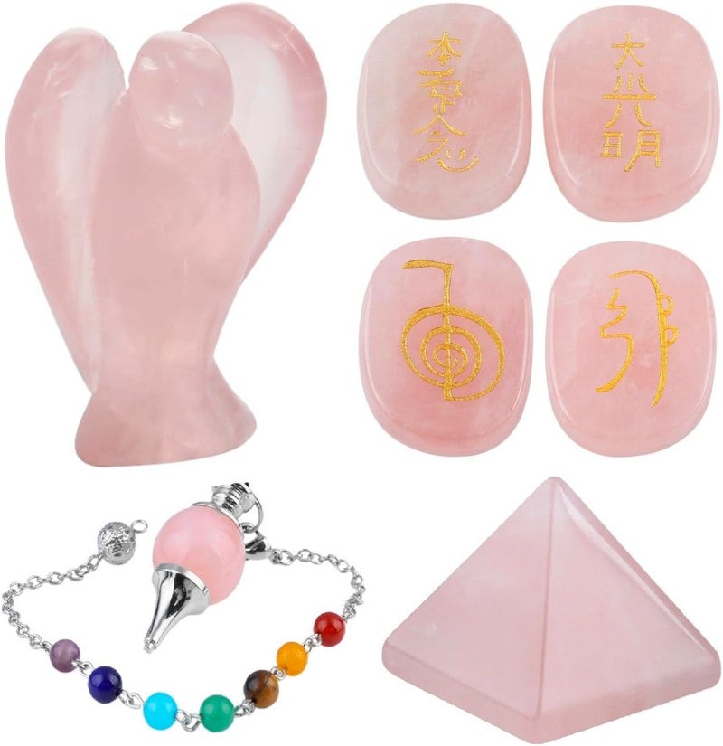 Rockcloud Healing Crystal Kit,Lot of Rose Quartz Guardian Angel,Palm Stones,Pendulum,Pyramid Meditation Set