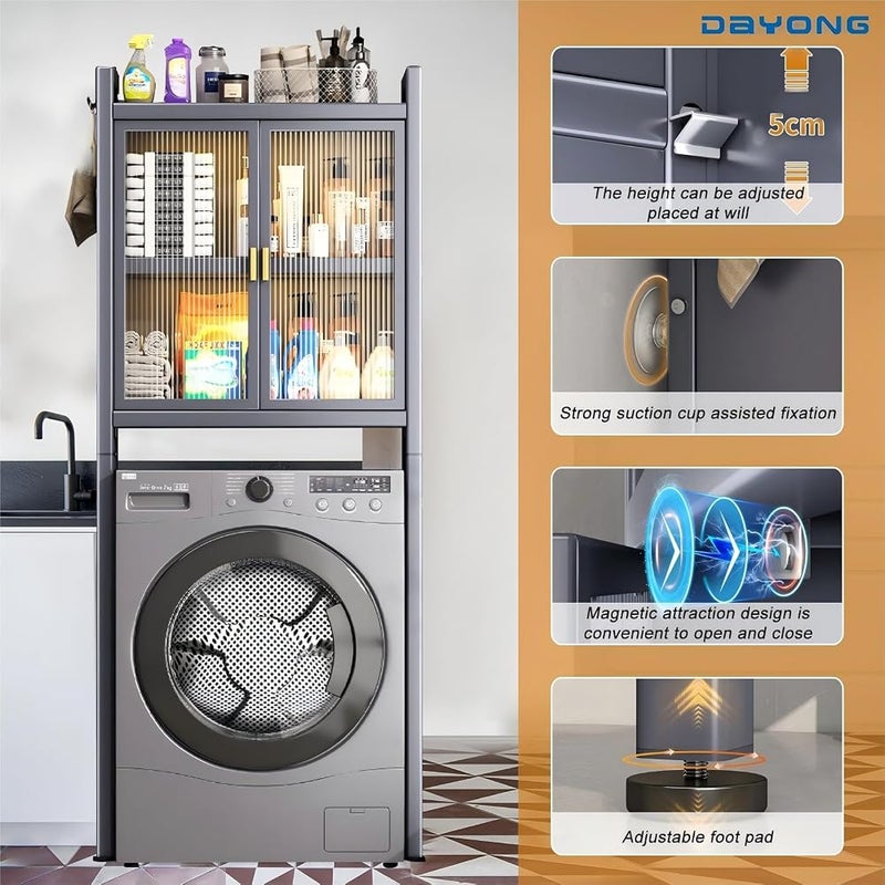 DAYONG Over Washer Storage Shelf, Over The Toilet Storage Rack,Washing Machine Stand Shelf with Adjustable Shelf and Double Doors, Bathroom Shelves Space Saving (Dark Gray, 3-Tier) - Image 4