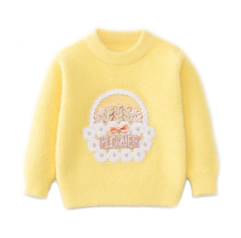 Bold N Elegant Girls Flower Basket Woolen Warm Party Kids Sweater Pullover | Soft Fuzzy Knit Pullover Sweater Winter Jumper for Baby Girls Upto 6 Years Yellow - Image 1