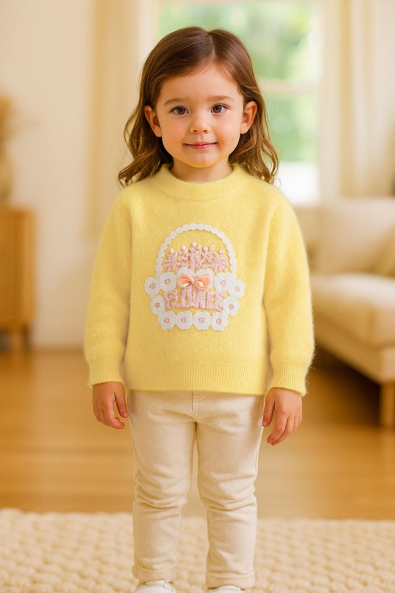 Bold N Elegant Girls Flower Basket Woolen Warm Party Kids Sweater Pullover | Soft Fuzzy Knit Pullover Sweater Winter Jumper for Baby Girls Upto 6 Years Yellow - Image 2