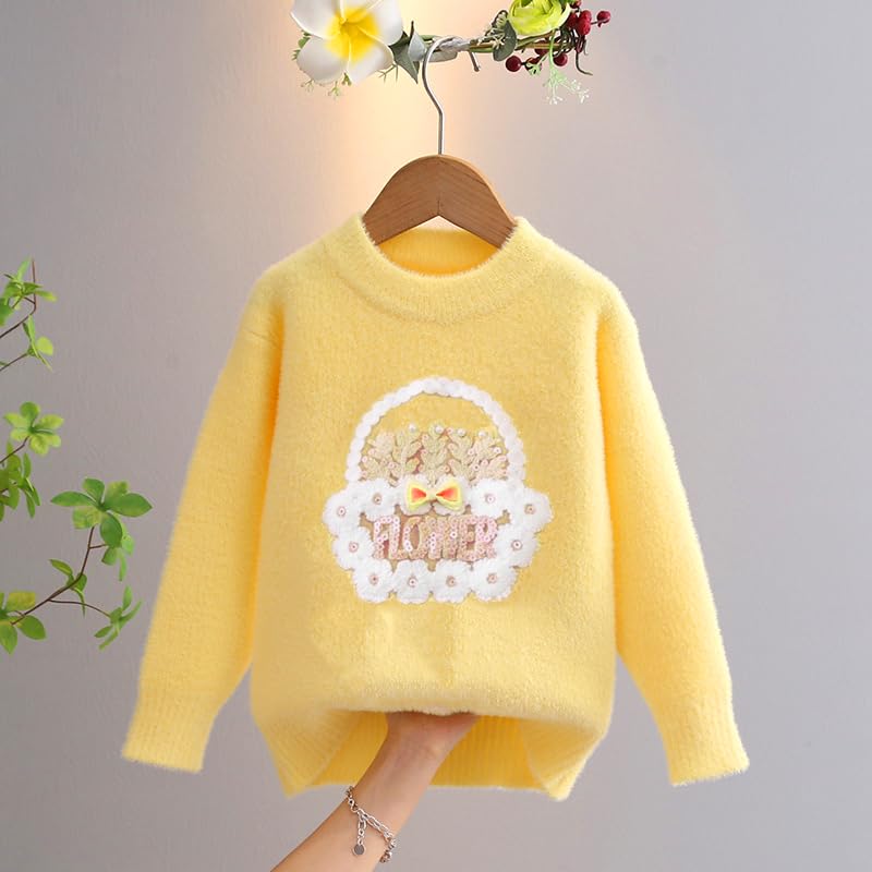 Bold N Elegant Girls Flower Basket Woolen Warm Party Kids Sweater Pullover | Soft Fuzzy Knit Pullover Sweater Winter Jumper for Baby Girls Upto 6 Years Yellow - Image 5