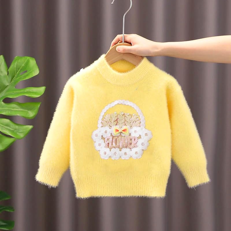Bold N Elegant Girls Flower Basket Woolen Warm Party Kids Sweater Pullover | Soft Fuzzy Knit Pullover Sweater Winter Jumper for Baby Girls Upto 6 Years Yellow - Image 3