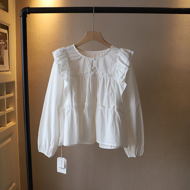 Japanese Style Gentle Loose Niche Sweet Ruffled Long-sleeved Doll White Shirt Womens Autumn Korean Style Age-reducing Top White - Image 1
