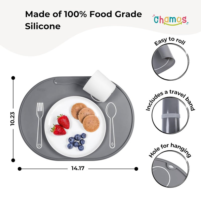 CHAMOS Silicone placemats for Toddlers  Montessori placemat for Round Table  Oval Kids placemats for Dining Table  Non Slip Small Educational placemats Gray 1417x1023 inch - Image 2