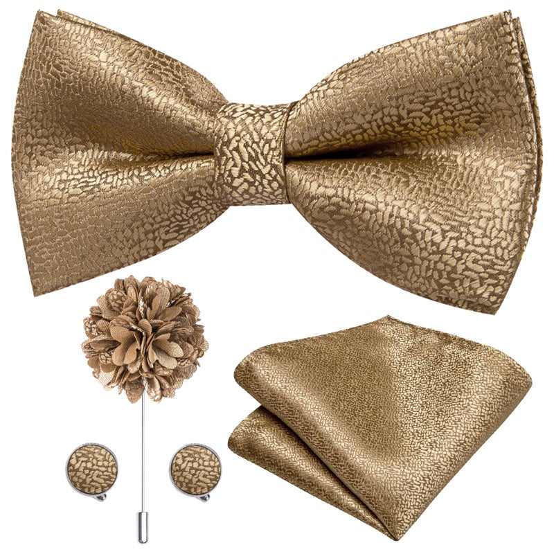 Dubulle Solid Gold Bowtie for Men Paisley Floral Mens Pretied Bowtie and Lapel Pin Set Pocket Square Cufflinks Wedding - Image 1