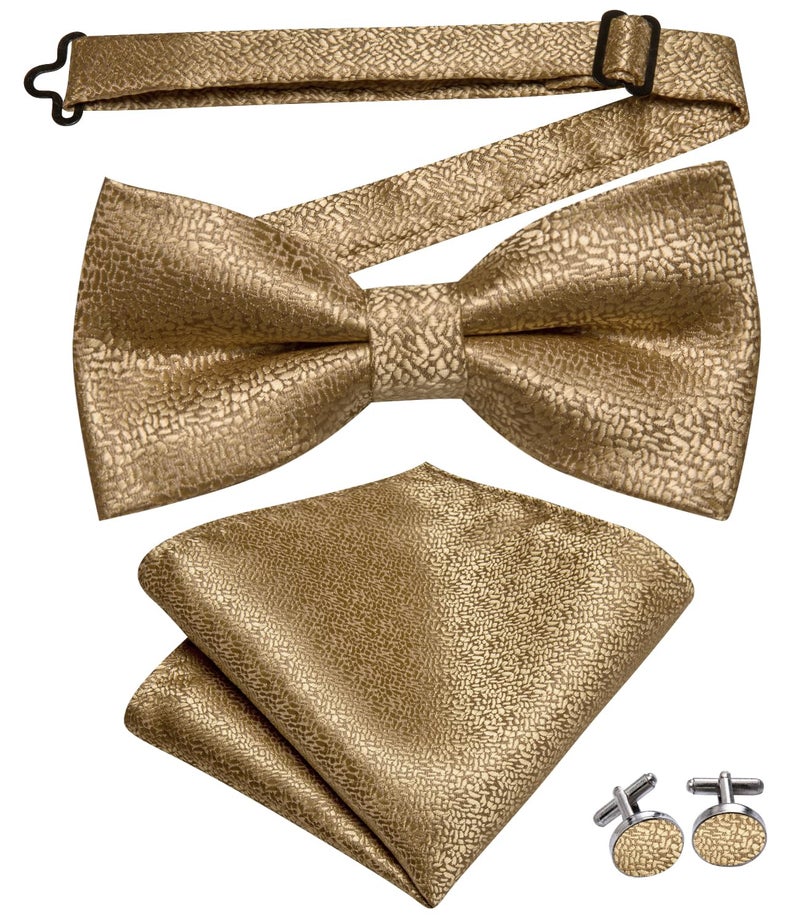 Dubulle Solid Gold Bowtie for Men Paisley Floral Mens Pretied Bowtie and Lapel Pin Set Pocket Square Cufflinks Wedding - Image 4