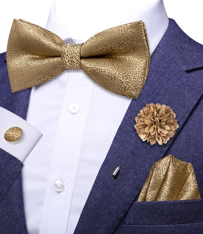Dubulle Solid Gold Bowtie for Men Paisley Floral Mens Pretied Bowtie and Lapel Pin Set Pocket Square Cufflinks Wedding - Image 2