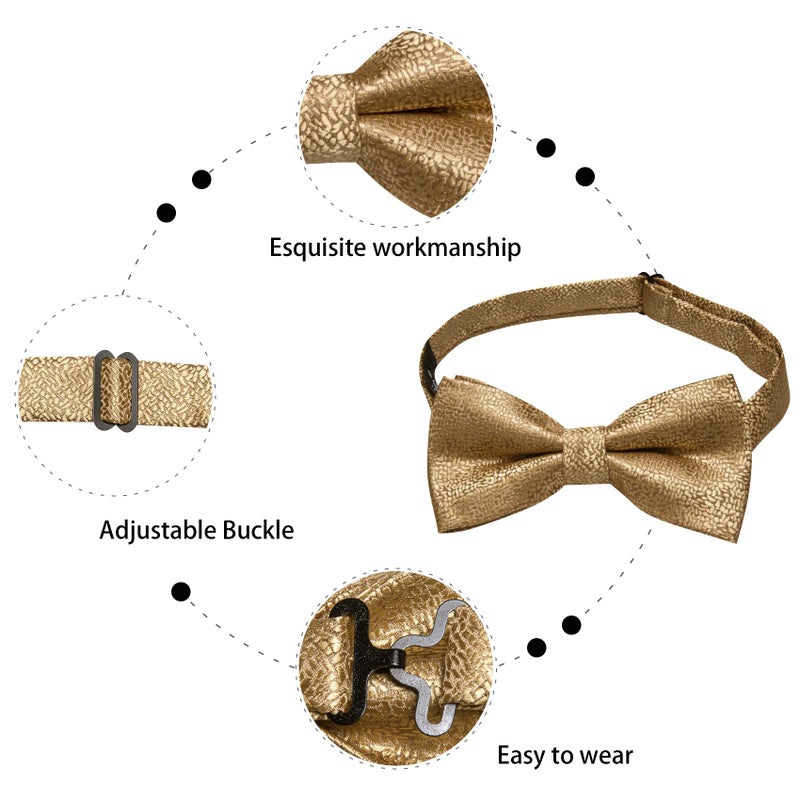 Dubulle Solid Gold Bowtie for Men Paisley Floral Mens Pretied Bowtie and Lapel Pin Set Pocket Square Cufflinks Wedding - Image 5