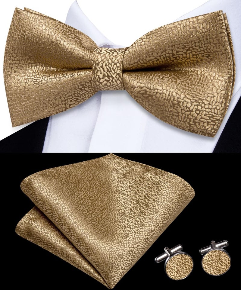 Dubulle Solid Gold Bowtie for Men Paisley Floral Mens Pretied Bowtie and Lapel Pin Set Pocket Square Cufflinks Wedding - Image 3