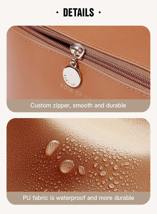 SKYFUN (LABEL) Large Capacity Portable Cosmetic Bathroom Makeup Storage Bag Case Toiletry Kit with Steel Zipper, Handle (Large, Brown) - Image 4
