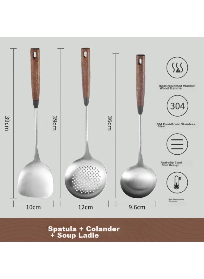 Pinyu 304 Stainless Steel Kitchen Utensil Set Of 3： Spatula, Soup Ladle, Strainer With Walnut Wood Handles - Image 2