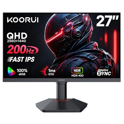KOORUI 27 Inch 1440p Gaming Monitor 200Hz, 1ms, Fast IPS Screen, HDR400, 95% DCI-P3 Color Gamut, Height/Pivot/Tilt Adjustability, Adaptive Sync Technology, HDMI & DP Ports, 2K Monitor, Black, G2722P - Image 1