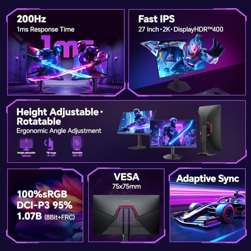 KOORUI 27 Inch 1440p Gaming Monitor 200Hz, 1ms, Fast IPS Screen, HDR400, 95% DCI-P3 Color Gamut, Height/Pivot/Tilt Adjustability, Adaptive Sync Technology, HDMI & DP Ports, 2K Monitor, Black, G2722P - Image 2