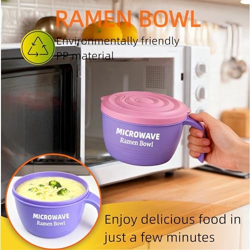 Layron Ramen Cooker Bowl - 45 oz Microwaveable Noodle Bowl Ramen in few Minutes- BPA Free and Dishwasher Safe Set with Chopsticks Perfect for Dorm, Small Kitchen, or Officee (purple) - Image 4