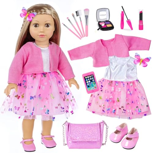 DONTNO American 18 Inch Doll Makeup Accessories and Clothes,Messenger Bag Set for 18 Inch Doll Include Phone Eye Shadow Lipstick Eyelash Brush Makeup Brush Butterfly Hair Clip and Shoes（No Doll） - Image 1