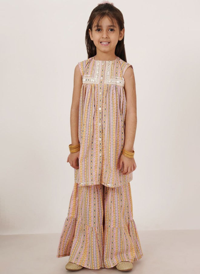 COTLAND FASHION Girls Geometric Embroidered Mirror Work Pure Cotton A-Line Kurta & Sharara - Image 1