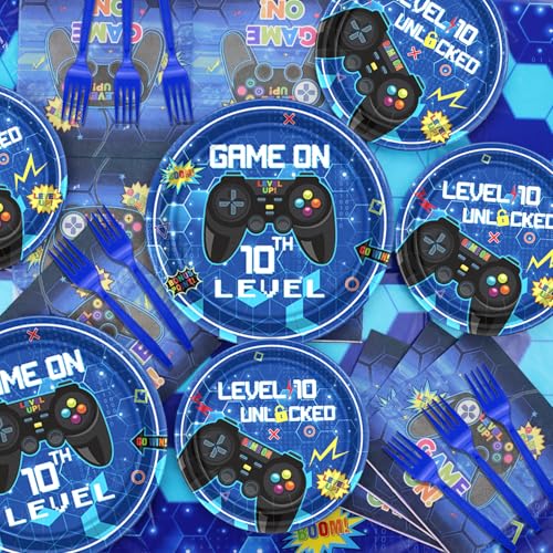 PIXHOTUL 10th Birthday Decorations for Boys 81 Pcs Level 10 Video Game Party Decorations Including Video Game Plates Napkins Tablecloth Forks for Gamer Birthday Party Serves 20 Blue - Image 5