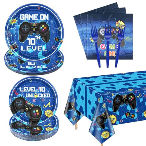 PIXHOTUL 10th Birthday Decorations for Boys 81 Pcs Level 10 Video Game Party Decorations Including Video Game Plates Napkins Tablecloth Forks for Gamer Birthday Party Serves 20 Blue - Image 1