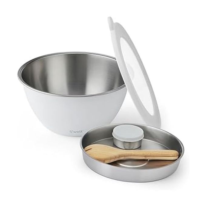 S'well Stainless Steel Salad Bowl Kit XL 184oz, Angel Food, Includes 5oz Canister For Dressing, Serving Utensils, and Removable Tray, Leakproof, Easy to Clean, Dishwasher and Refrigerator Safe