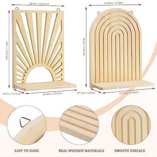 Tatuo 2 Pieces Boho Wall Shelf Decor Floating Shelves for Wall Wooden Hanging Holder for Living Room Bathroom Bedroom Office Nursery DecorationBoho Sun - Image 3