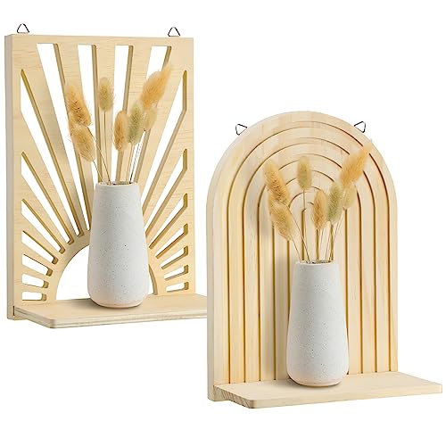 Tatuo 2 Pieces Boho Wall Shelf Decor Floating Shelves for Wall Wooden Hanging Holder for Living Room Bathroom Bedroom Office Nursery DecorationBoho Sun - Image 1