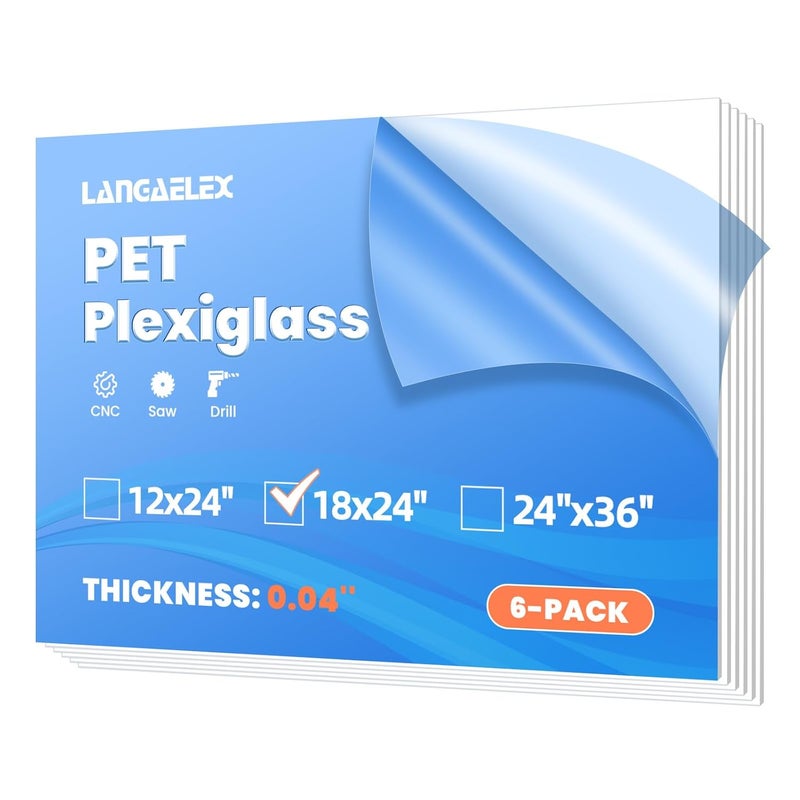 Langaelex حزمة من 6 ألواح PET/زجاج أكريليك 18×24 بسمك 0.04 بوصة ألواح بلاستيكية شفافة لإطارات الصور واللافتات الفارغة والأعمال اليدوية ومشاريع الحرف - Image 1