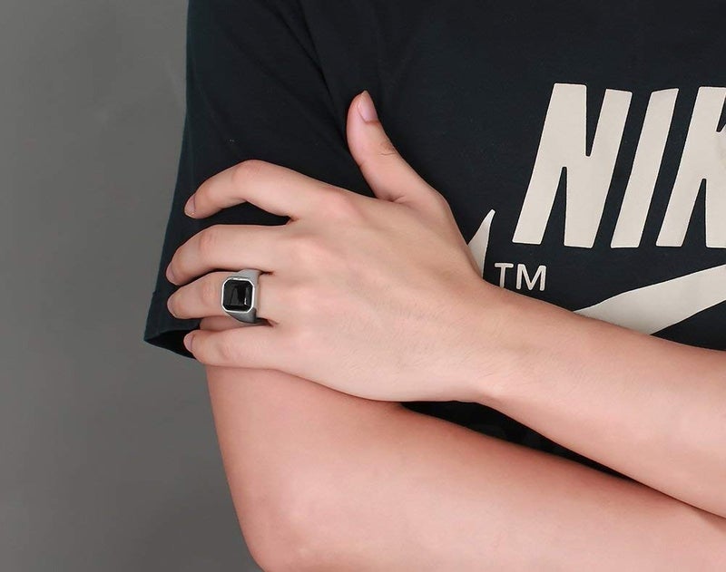 MEALGUET Jewelry Fashion Stainless Steel Signet Ring with Black Agate for Men, Size 8 - Image 4