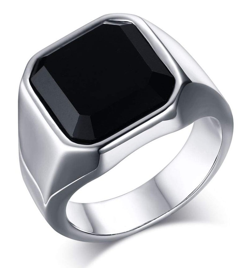 MEALGUET Jewelry Fashion Stainless Steel Signet Ring with Black Agate for Men, Size 8 - Image 1