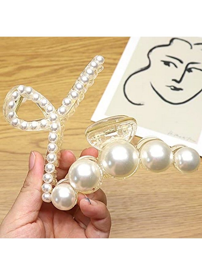 HOMEMATES 2 Pcs Large Pearl Hair Claw White Hair Claw Thick Long Hair Jaw Clips Clutches Barrettes Hair Accessories For Women And Girls Hair Claw Thick Hair Claw Clamp Strong Hold - Image 1