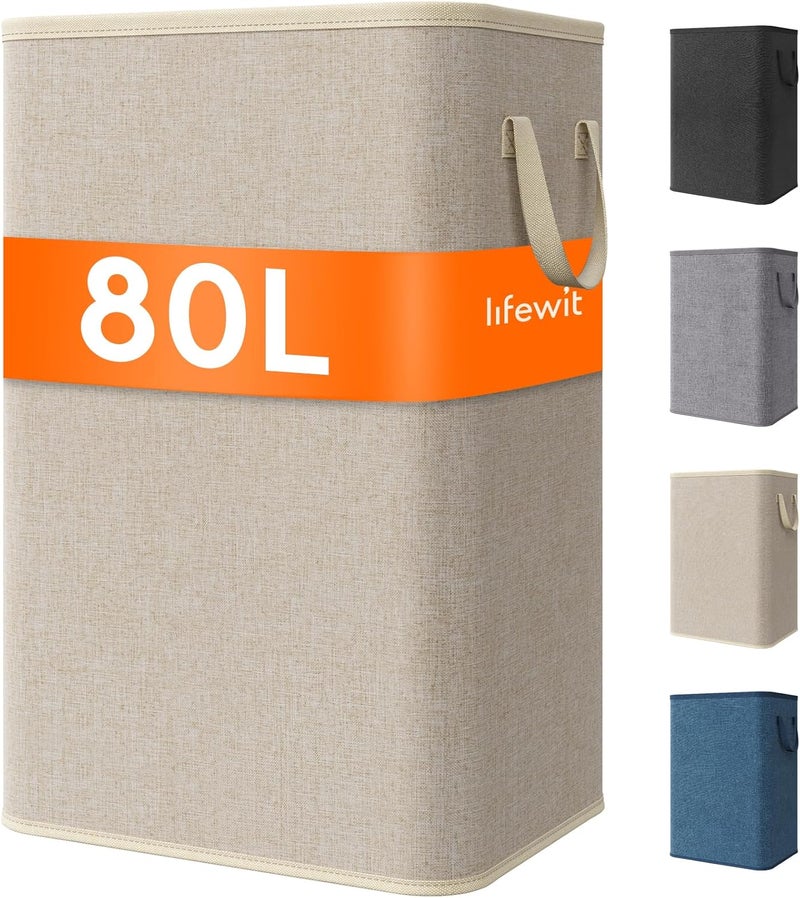 Lifewit 80L Large Laundry Basket with Handles, Portable and Foldable Laundry Hamper, Foldable Laundry Box for Laundry Room, Student Dorm, Bedroom & Bathroom, Beige - Image 1