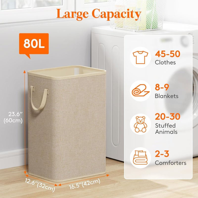 Lifewit 80L Large Laundry Basket with Handles, Portable and Foldable Laundry Hamper, Foldable Laundry Box for Laundry Room, Student Dorm, Bedroom & Bathroom, Beige - Image 2