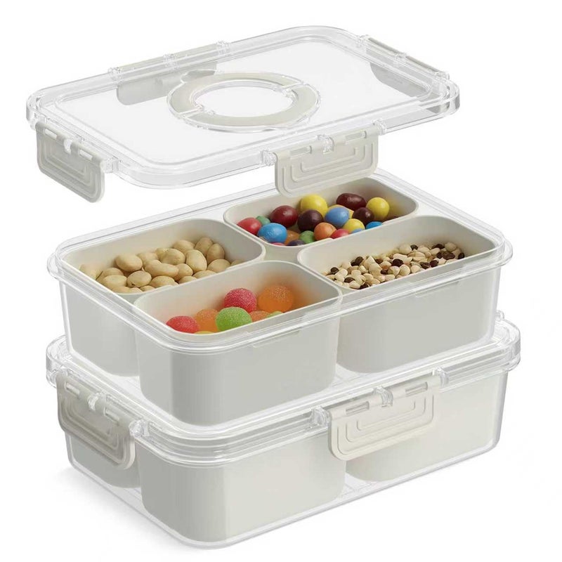 CODIEKEY Snackle Box Container, Upgrade Dishwasher,Safe Snack Box for Adult Kids, 4 compartments Plastic Divided Serving Tray with Lid and Handle for Candy, Fruits, Snacks, Nuts,Small,White,2 Pack - Image 1