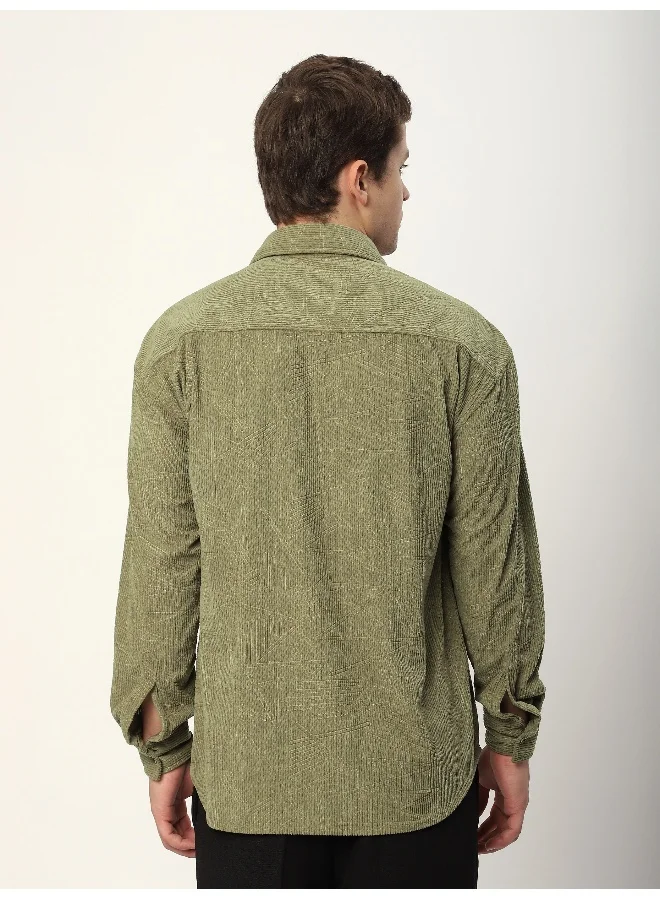 Beyoung Sage Green Tribal Textured Corduroy Shirt