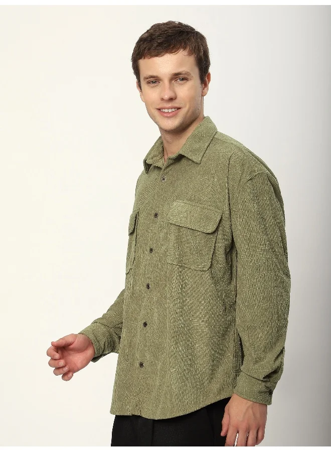 Beyoung Sage Green Tribal Textured Corduroy Shirt