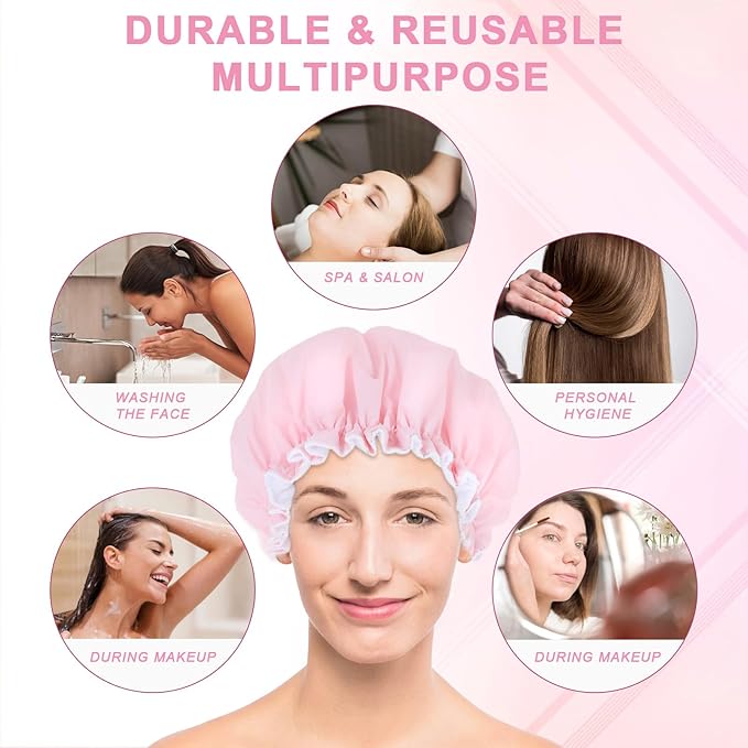 Shower Caps for Women Terry Cloth Lined Shower Cap Double Layer Reusable Bath Cap Waterproof Elastic Band Hair Cap for All Hair Lengths for Women Spa Home Salon UsePink
