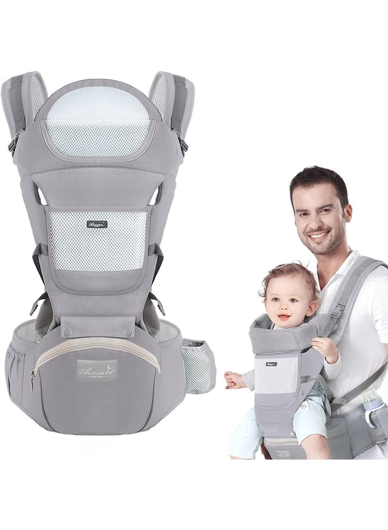 MostNow Baby Carrier with Hip Seat,Ergonomic M Position 6in1 Baby Carrier Newborn to Toddler,Head Support and Breathable Mesh Newborn Carrier,Adjustable Baby Holder Carrier for Dad&Mom (Grey) - Image 1