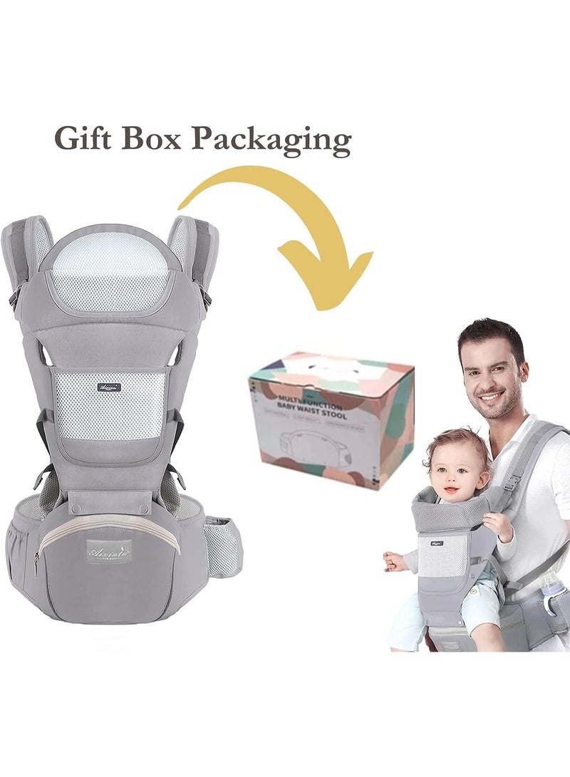 MostNow Baby Carrier with Hip Seat,Ergonomic M Position 6in1 Baby Carrier Newborn to Toddler,Head Support and Breathable Mesh Newborn Carrier,Adjustable Baby Holder Carrier for Dad&Mom (Grey) - Image 3